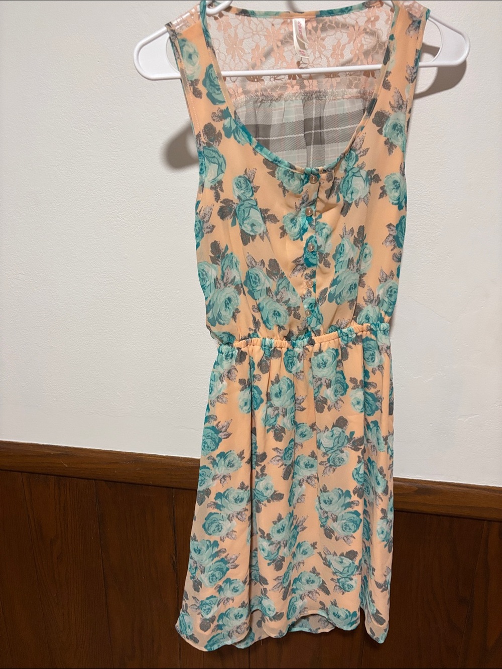 Xhilaration Peach Floral Dress with Teal Roses